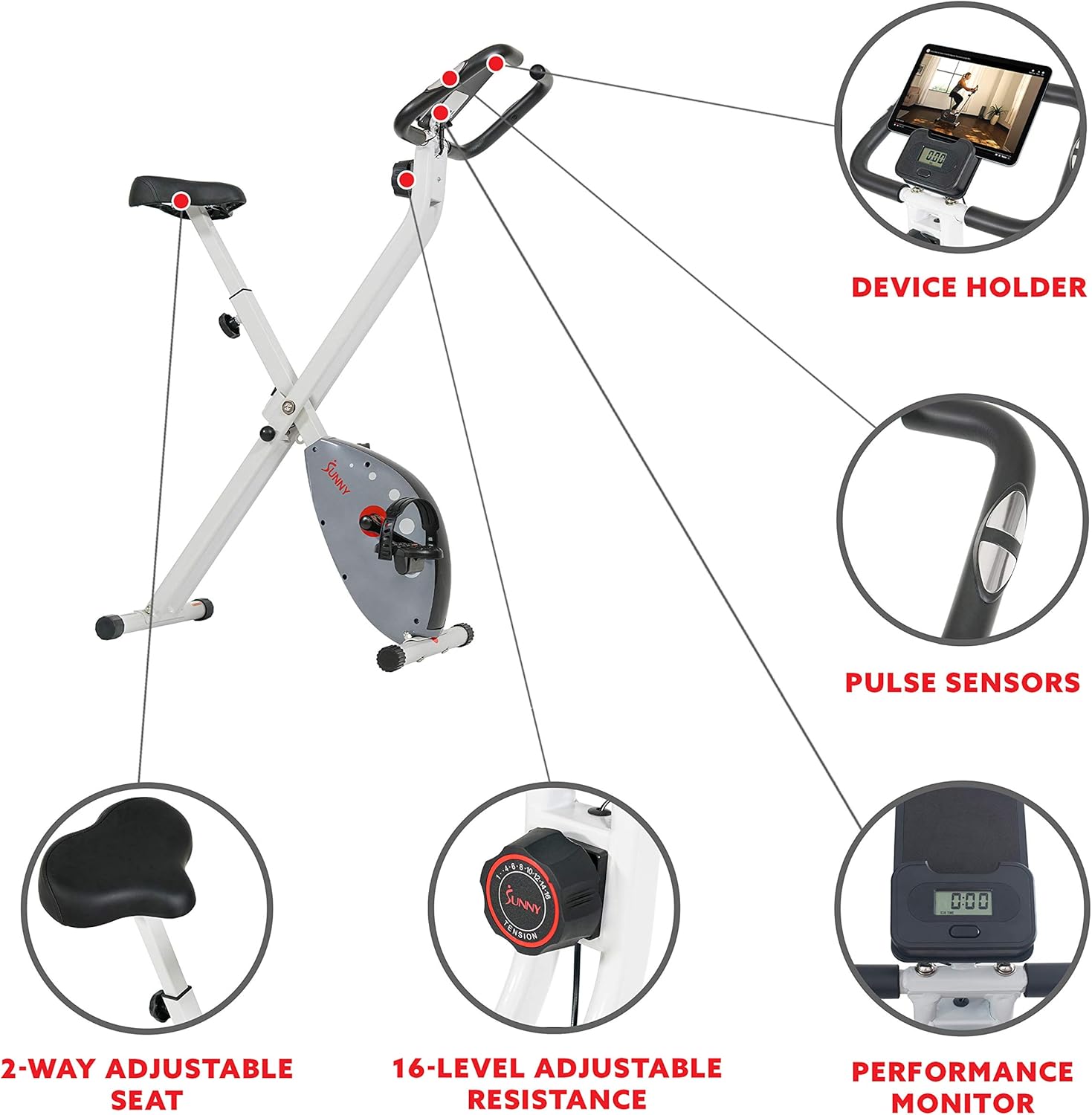 Sunny Health & Fitness Magnetic Foldable Exercise Bike - SF-B2989, grey