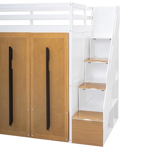 Wooden Twin Size Loft Bed with Two-Tone Stairs Storage, Solid Wood Loft Bed Frame with Full-Length Guardrails Twin Size Loft Bed with Pull-Out Wardrobes, for Kids Teens Adults, No Box Spring Needed