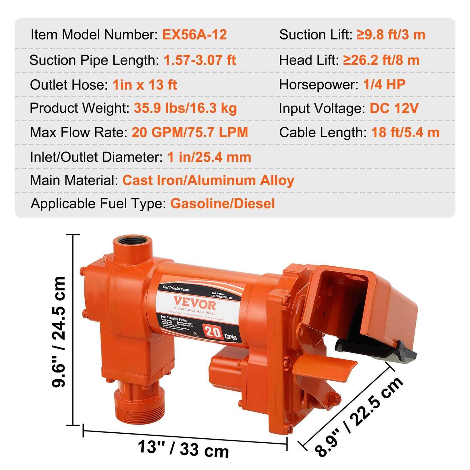 VEVOR Fuel Transfer Pump 12V DC 20 GPM 1/4 HP Gasoline Extractor Pump with Automatic Nozzle - Shop Hardware Tools Online Store