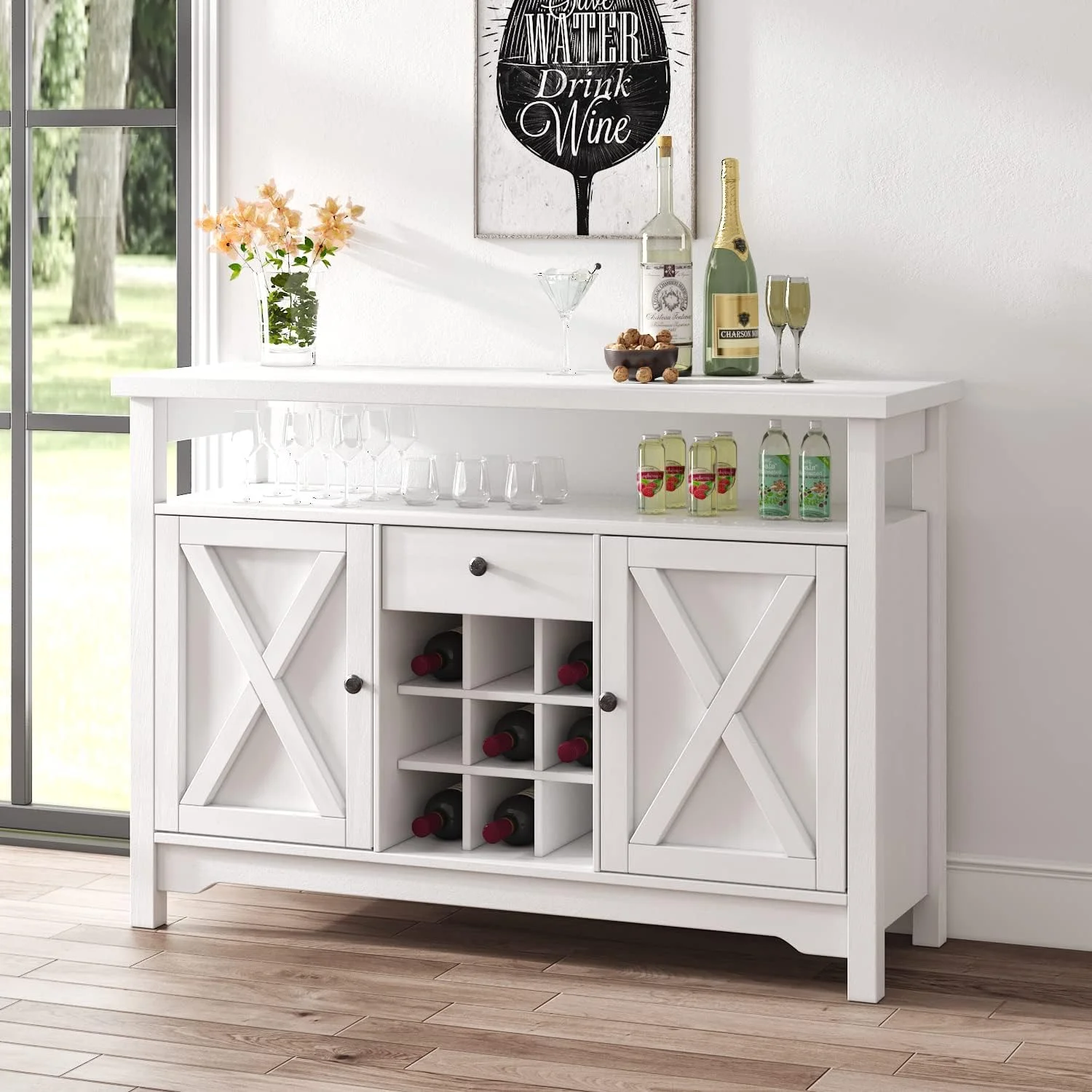 Farmhouse Coffee Bar Cabinet with Storage, White Coffee Bar with 9 Wine Racks Barn Door, Kitchen Buffet Cabinet with Drawer, Wine Bar Cabinet with Adjustable Shelf for Dining, Living Room