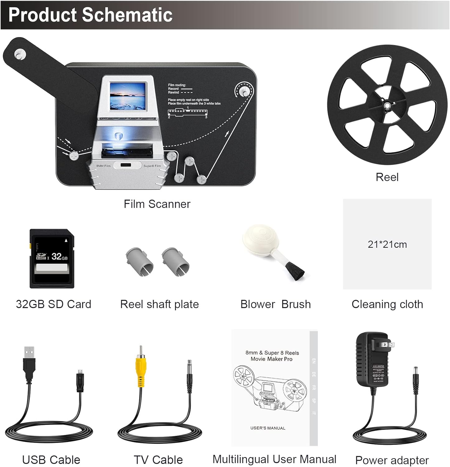 8mm & Super 8 Reels to Digital Film Scanner Converter, Film Digitizer with 2.4 Screen, Convert 3” 4” 5” 7” 9” Reels View Frame by Frame into 1080P Digital MP4 Files,Sharing & Saving on 32GB SD Card
