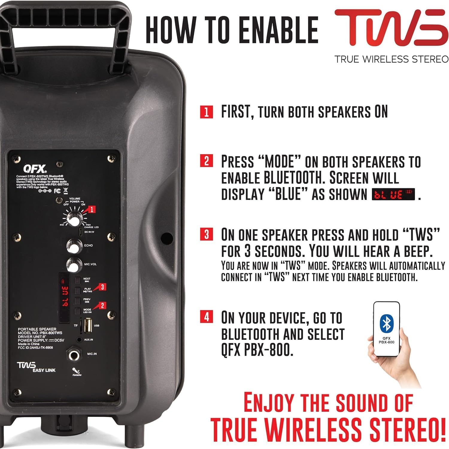 QFX PBX-800TWS 8-Inch TWS Bluetooth Stereo PA System with 2 8" Speakers, 2 Microphones, 2 Stands, and a Remote Control