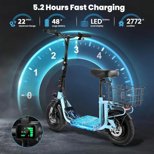 Caroma Peak 800W/1200W Electric Scooter Adults, 30 Miles Max Range, Foldable Electric Scooter with Seat, Front Suspension, Detachable Large Basket,Commuter E-Scooter for Adult and Teens