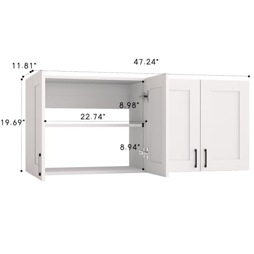 White Laundry Room Cabinets and Storage with 4 Doors and Utility Adjustable Shelf，Gabinetes Para Cocina Cupboard Kitchen Organizers and Storage Pantry Wall Mounted 12.4"D x 47.2"W x 19.7"H