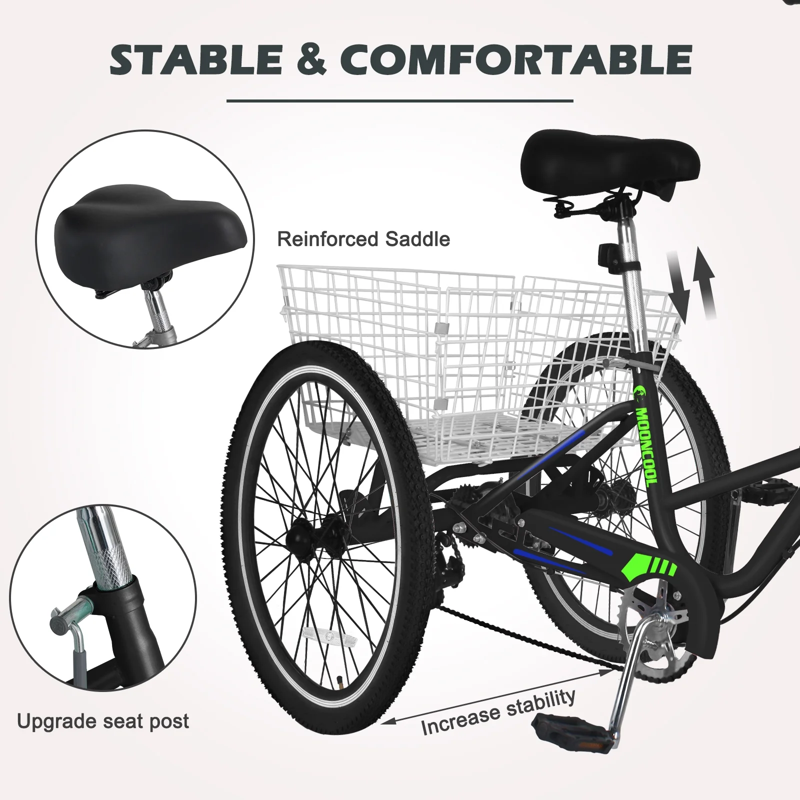 LILYPELLE 24 Adult Tricycle 7 Speed, Three Wheel Bikes for Adults 400lbs,Low-Step Through Trike Cruiser for Exercise Shopping Outdoor Activities,Cyan