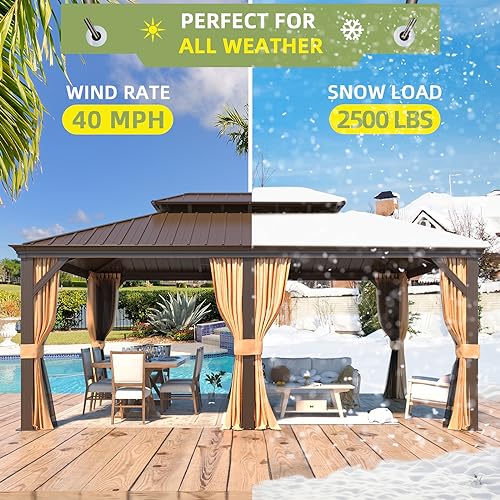 MELLCOM 12'x16' Hardtop Gazebo, Galvanized Steel Metal Double Roof Canopy with Curtains and Netting, Brown Permanent Pavilion Gazebos with Aluminum Frame for Garden, Patio, Lawns, Deck