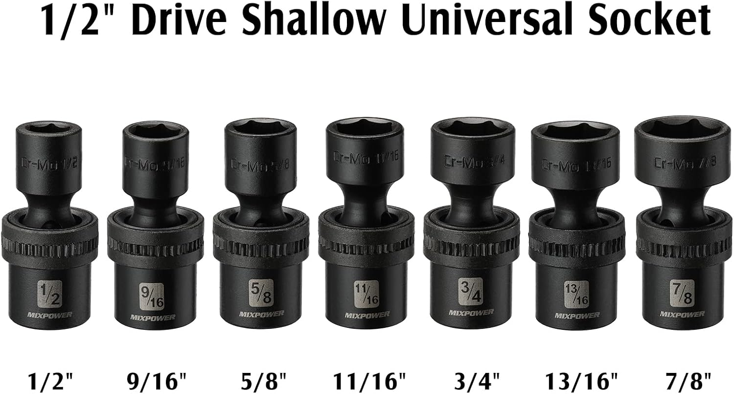 MIXPOWER 10-piece 3/8" Drive Shallow Universal Impact Socket Set, Metric,10-19mm, Swivel Socket with Flexible Wobble, CR-MO