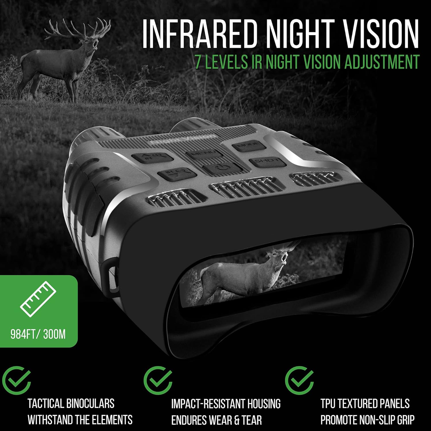 Bush Tech Night Vision Binoculars, Military-Grade Infrared Binoculars with Camera for Hunting and Surveillance, Day and Night High-Power Binoculars with 3X Digital Zoom, 984ft Range, 2.31” LCD Display