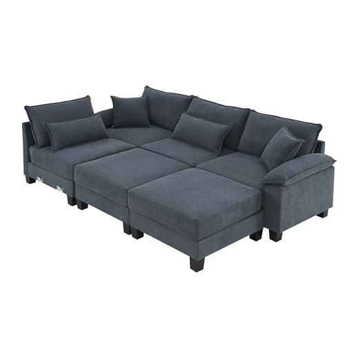 Modular Sectional Sofa, Wide Seat Modular Couch, 6 Seat Sectional Sleeper Sofa with Armrest, Lumbar Pillow and Backrest, Customizable U Shaped Couch and L Shaped Sofa for Living Room (Beige)