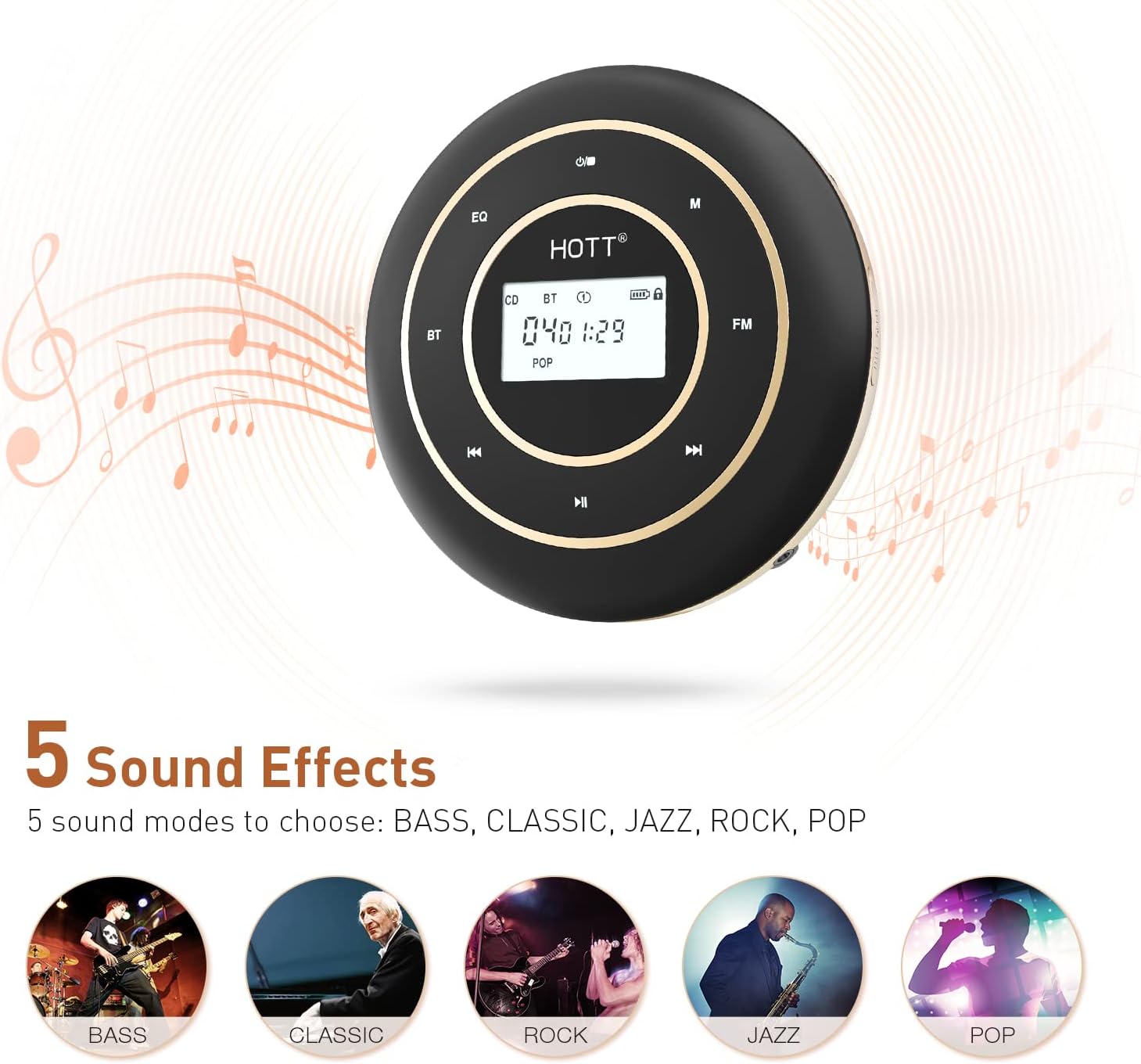 HOTT C105 Portable CD Player with Larger LCD Display, CD Player Portable for Car with Bluetooth and FM Transmitter, Walkman CD Player with Headphone Jack AUX Cable for Kids Adults - Home Travel