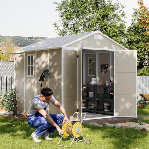 UDPATIO Outdoor Storage Shed 6 x 6 FT, Resin Garden Sheds with Floor Plastic Patio Outdoor Storage Shed with Lockable Door for Tool, Bike, Garbage Gray White