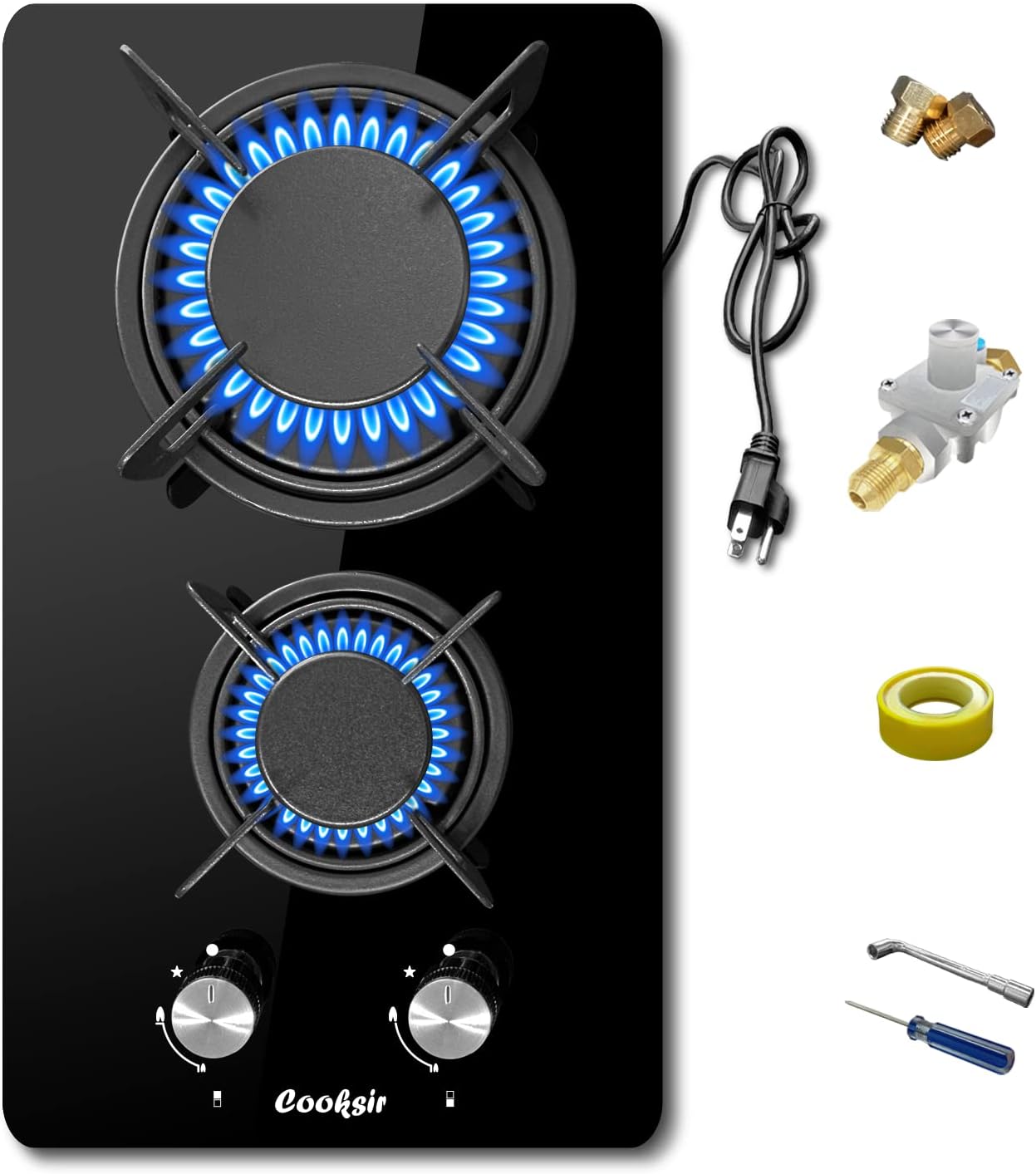 12 inch Gas Stove, 2 Burners Propane Cooktop Bulit-in, Indoor Gas Cooktop Suitable for Dual Fuel LPG/NG, Tempered Glass Gas Stove Top for Kitchen, Apartment, Indoor, 110-120V Plug in