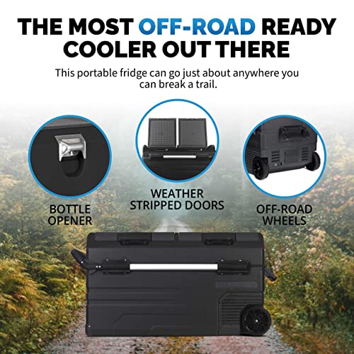Newair Portable 80 Qt. Electric Car Camping Cooler with 4 Battery Protection Modes, Dual Zone Fridge and Freezer Storage, Retractable Handle, Outdoor Wheels and Rugged Construction