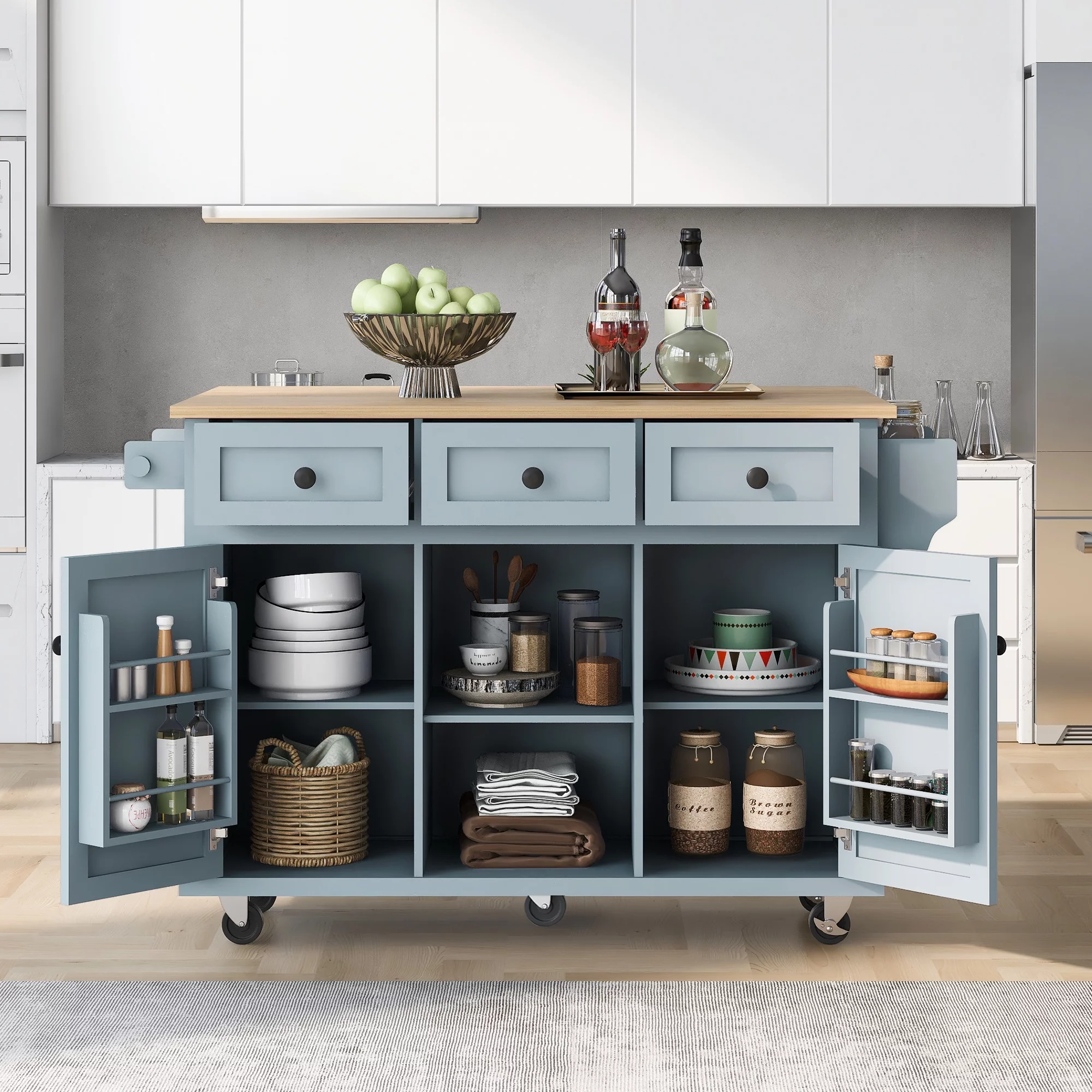 Churanty Kitchen Island with Drop Leaf and Wheels Rolling Kitchen Cart with Storage and Cabinet and 3 Drawers for Dining Room,Blue - Curated Treasures Market