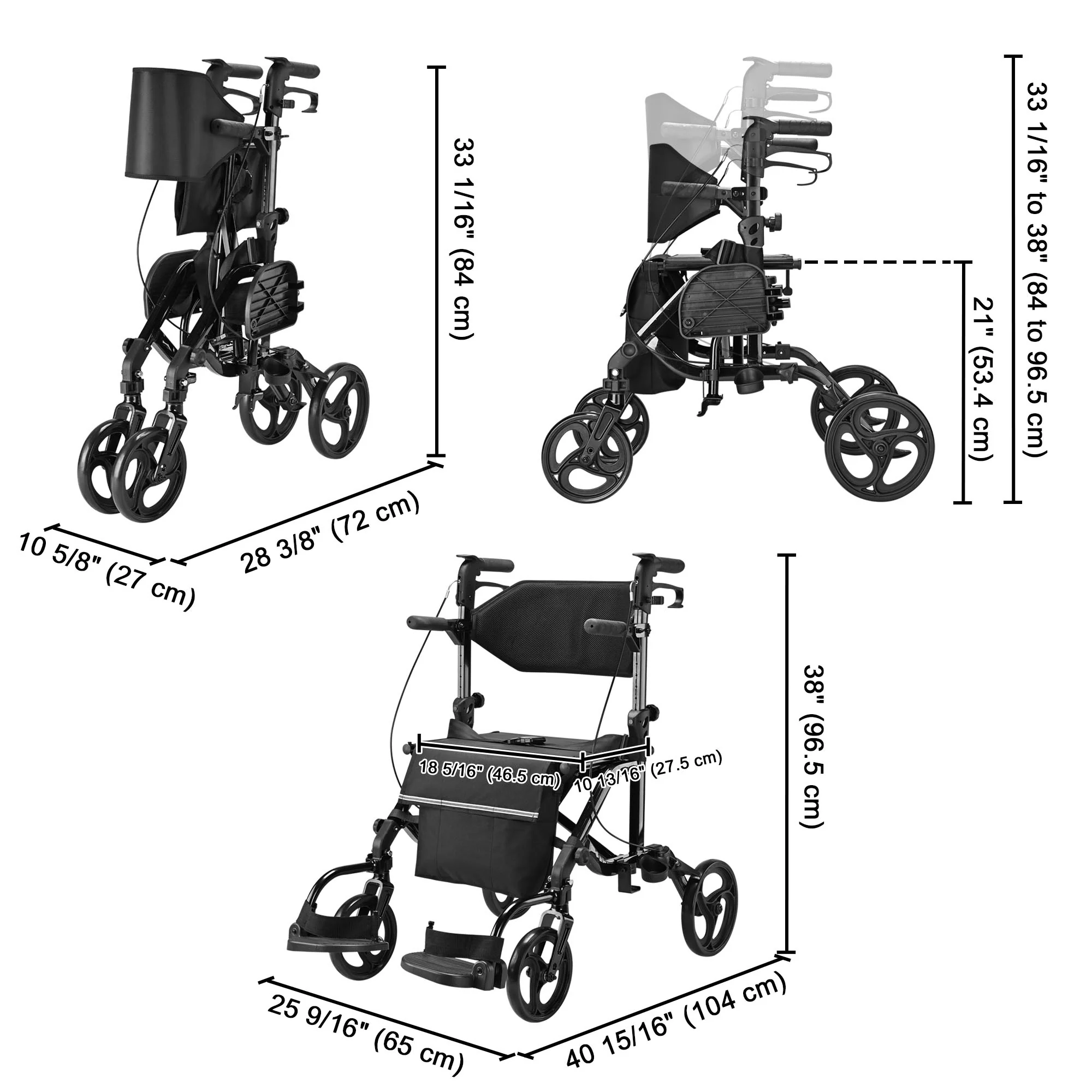 Yescom 2 in 1 Rollator Walker Transport Wheelchair with Backrest Footrests Foldable for Senior Black