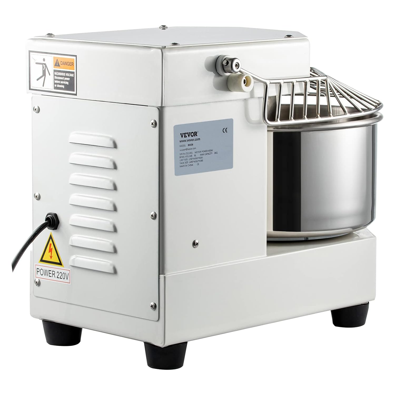 VEVOR Commercial Food Mixer, 7.3Qt Capacity, 450W Dual Rotating Dough Kneading Machine with Food-grade Stainless Steel Bowl, Security Shield & Timer Included, Baking Equipment for Restaurant Pizzeria