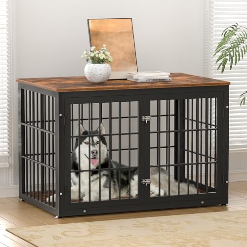 48 Inch Heavy Duty Dog Crate Furniture for Large Dogs, Decorative Pet House End Table, Extra Large Wooden Cage Kennel Furniture Indoor, Natural and White