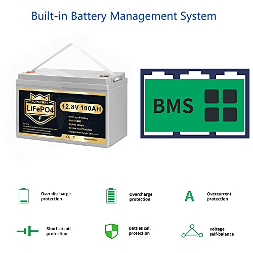12V 100Ah LiFePO4 Deep Cycle Battery, 100Ah Lithium Battery Built-in BMS, Rechargeable 12V LiFePO4 Battery for Solar Home, RV, Camping, Golf Car, Backup Power, Fish Finder, Boat, Marine