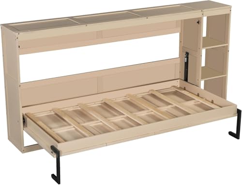 Full Murphy Bed with Storage Shelves,Wood Murphy Bed Cabinet with Storage Bookcase,Fold Up Bed Modern Murphy Wall Bed Full Size (White,Full)
