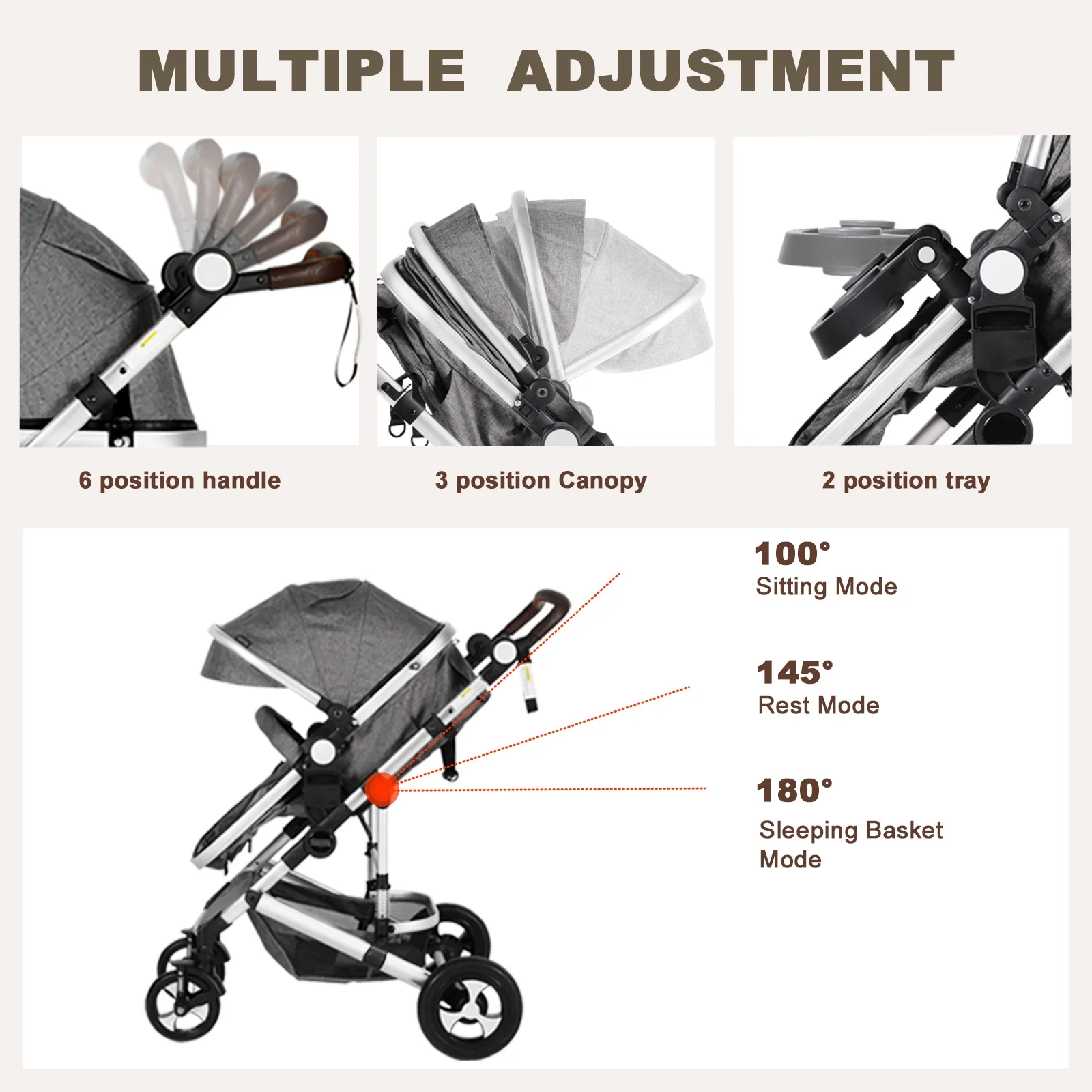 AILEEKISS 3 in 1 Baby Stroller Reversible Newborn Bassinet Stroller & Unisex Infant Carriage, Grey