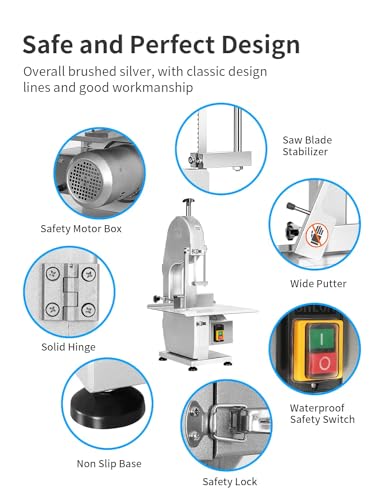 1500W Electric Bone Saw Machine, 0.8-5.9 Inch Cutting Thickness,2.6HP Frozen Meat Cutter 110V Commercial Bandsaw Machine, 20x15in Table Sawing for Chicken Fish Trotter Beef, Equipped with 6 Saw Blades