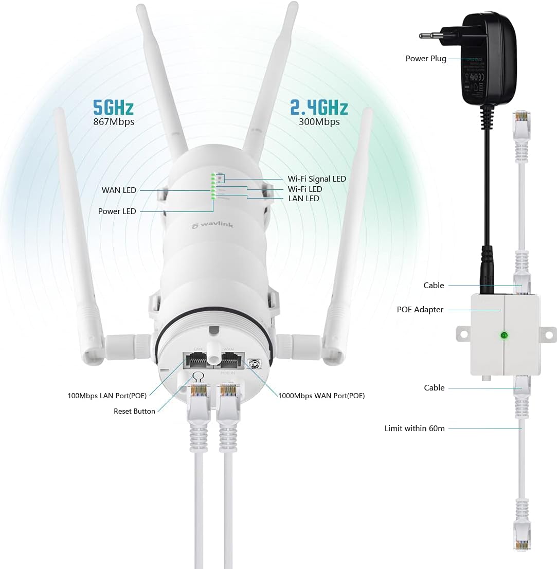 AC1200 Outdoor Repeater Outdoor Access Point Wireless AP Signal Extender 1200Mbps WiFi Booster Signal Booster Dual Band High Power Outdoor Wireless Range Extender Router with PoE High Gain Antennas