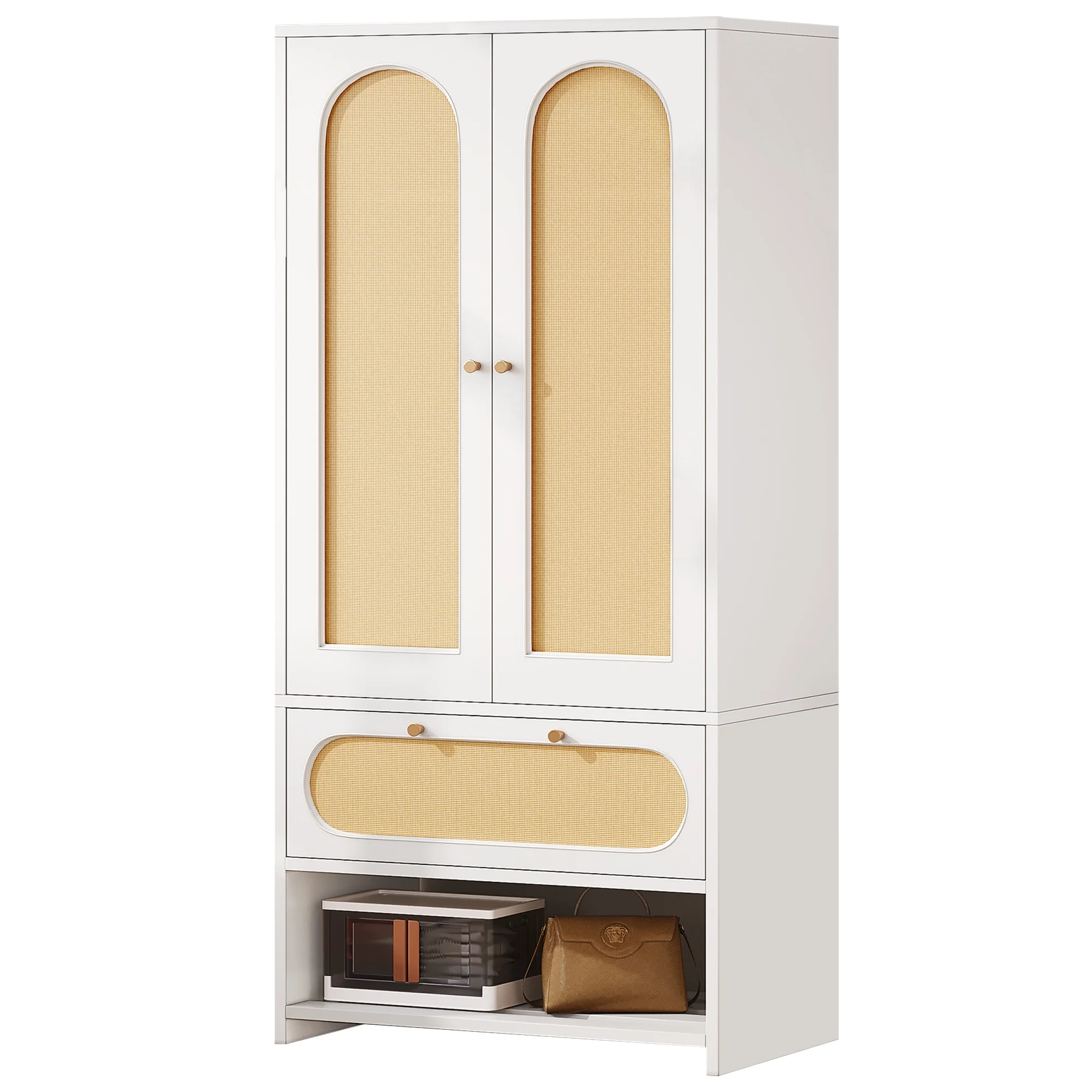 Dextrus Natural Rattan Armoire Wardrobe Closet Cabinet with 2 Doors, Armoire Storage Cabinet with Drawers and Hanging Rods, Wooden Closet Organizer for Hanging Clothes with Shelves & Steel Stand