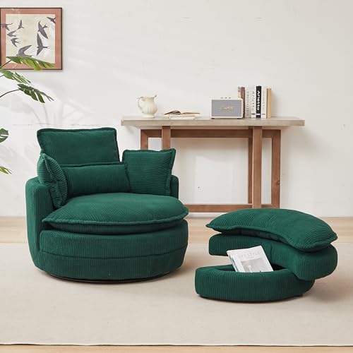 360°Swivel Accent Barrel Chair with Storage Ottoman Set, Modern Oversized Reading Armchair with Armrest Tray and Adjustable Headrest, Comfy Corduroy Chaise Lounge Couches for Living Room Hotel Club