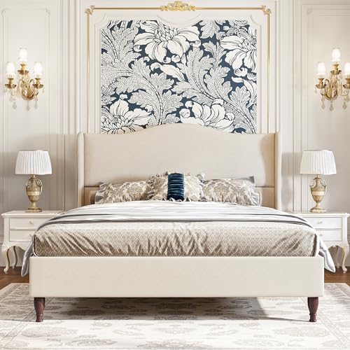 King Size Bed Frame Upholstered Platform Bed with 51" Tall Headboard Wingback, Linen Fabric, Retro Simple Style Platform Bed No Box Spring Needed, Easy Assembly, Beige