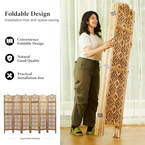 5.75Ft Room Divider Wood Carved Wall Divider Indoor Folding Portable Partition Screen for Home Office Garden Terrace - 4 Panel (Antique Brown)