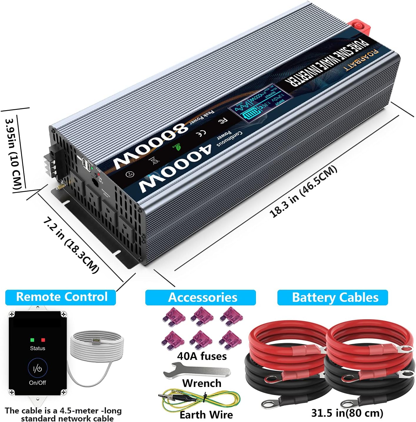 Pure Sine Wave Power Inverters 4000Watt 12V DC to AC 110V 120V Peak Power 8000Watt with Remote Control 4 AC Outlets and Dual USB Port for CPAP RV Car Solar System Emergency