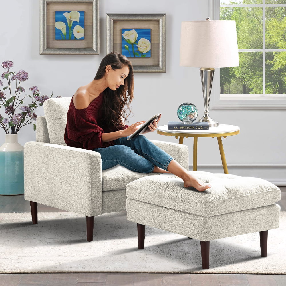 Accent Chair with Ottoman, Modern Fabric Single Sofa Chair, Upholstered Accent Arm Chair with Solid Wood Legs, Accent Chair for Home Office Living Room Bedroom, Beige