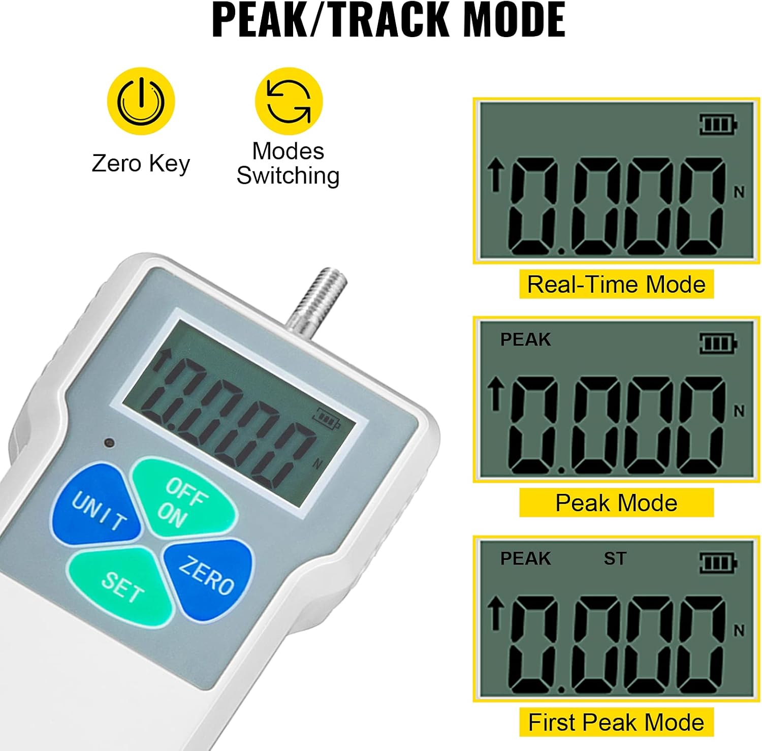 VEVOR Digital Force Gauge 500N/50kgf/110lbf Push Pull Force Gauge w/LCD Backlight Display Pull Force Tester Peak/Track Mode Digital Thrust Meter Data Storage for Compression Load Plug Force Test