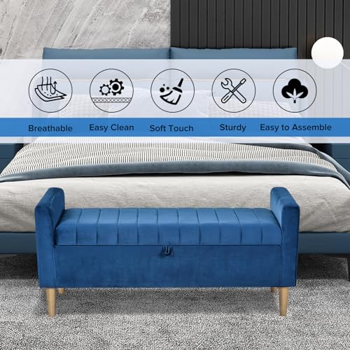 48" Upholstered Storage Ottoman with Arms Bench Modern Velvet Bench for Entryway, Bedroom, Living Room (Gray)