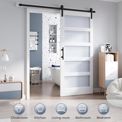 36x84 Inch Glass Sliding Barn Door Slab and 6.6ft Hardware Kit Included, 5 Frosted Glass, LVL Wood Panel Covered with White Water-Proof Scratch-Proof PVC Surface, Simple DIY Assembly