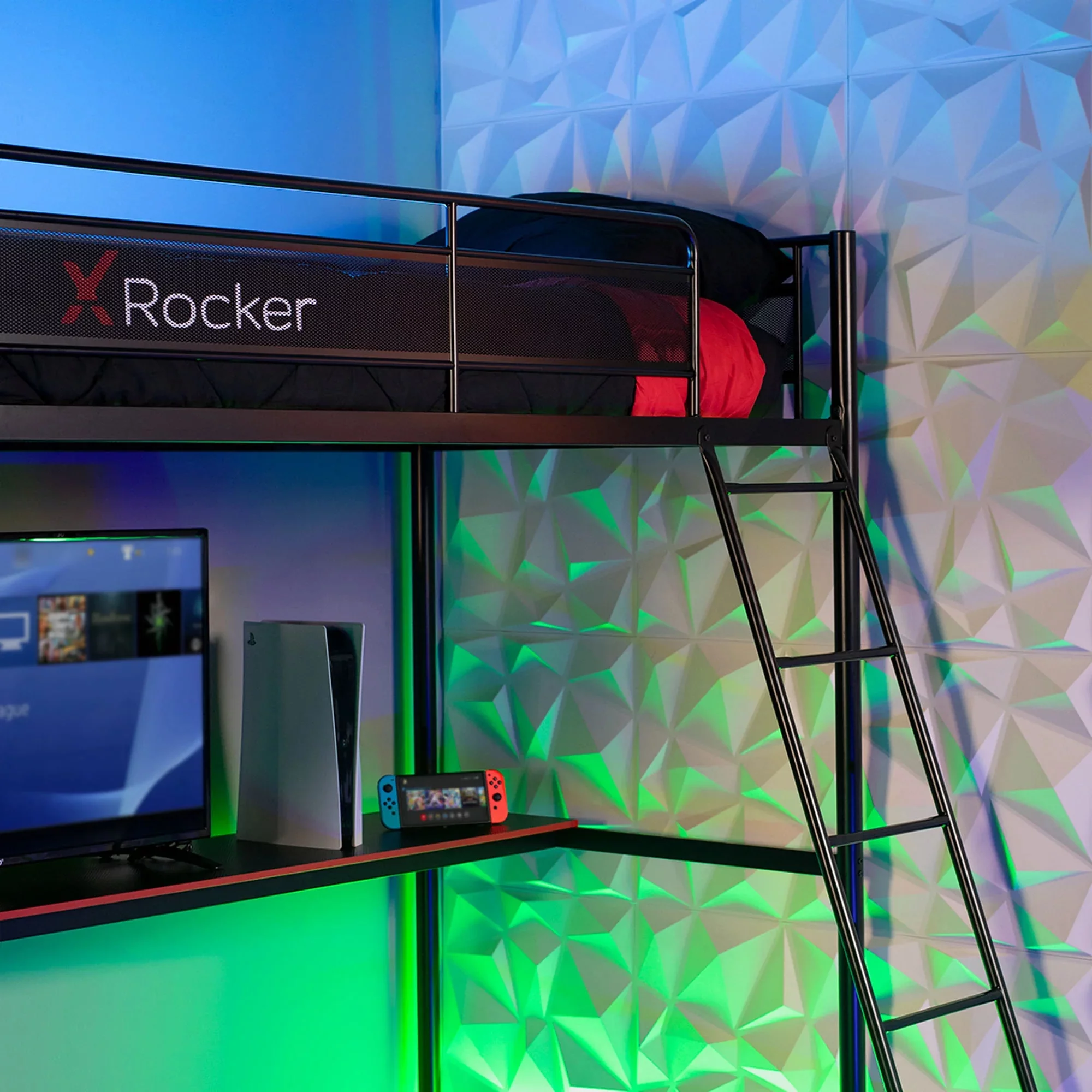 X Rocker HQ Gaming Bunk Bed with Built-In Shelving, Black, Twin