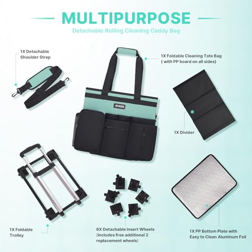 Large Rolling Cleaning Caddy Bag with Detachable Trolley, Waterproof Cleaning Caddy on Wheels for Housekeepers, Cleaning Cart Supplies Organizer for Home,Car,Office,Picnic (Blue-Green) (Patent)
