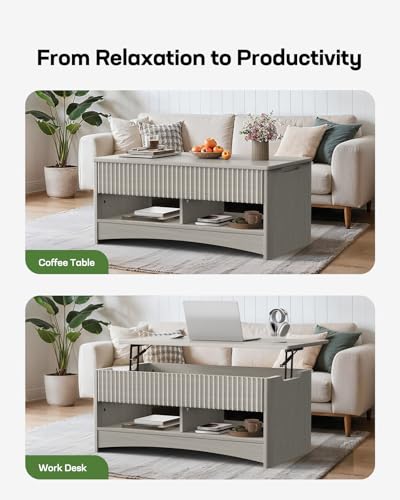 Marsail Lift Top Coffee Table with Open & Hidden Storage, Modern Fluted Coffee Table with Smooth Lift Mechanism, Sturdy Space-Saving Center Table for Home Living Room, Office, Natural Oak