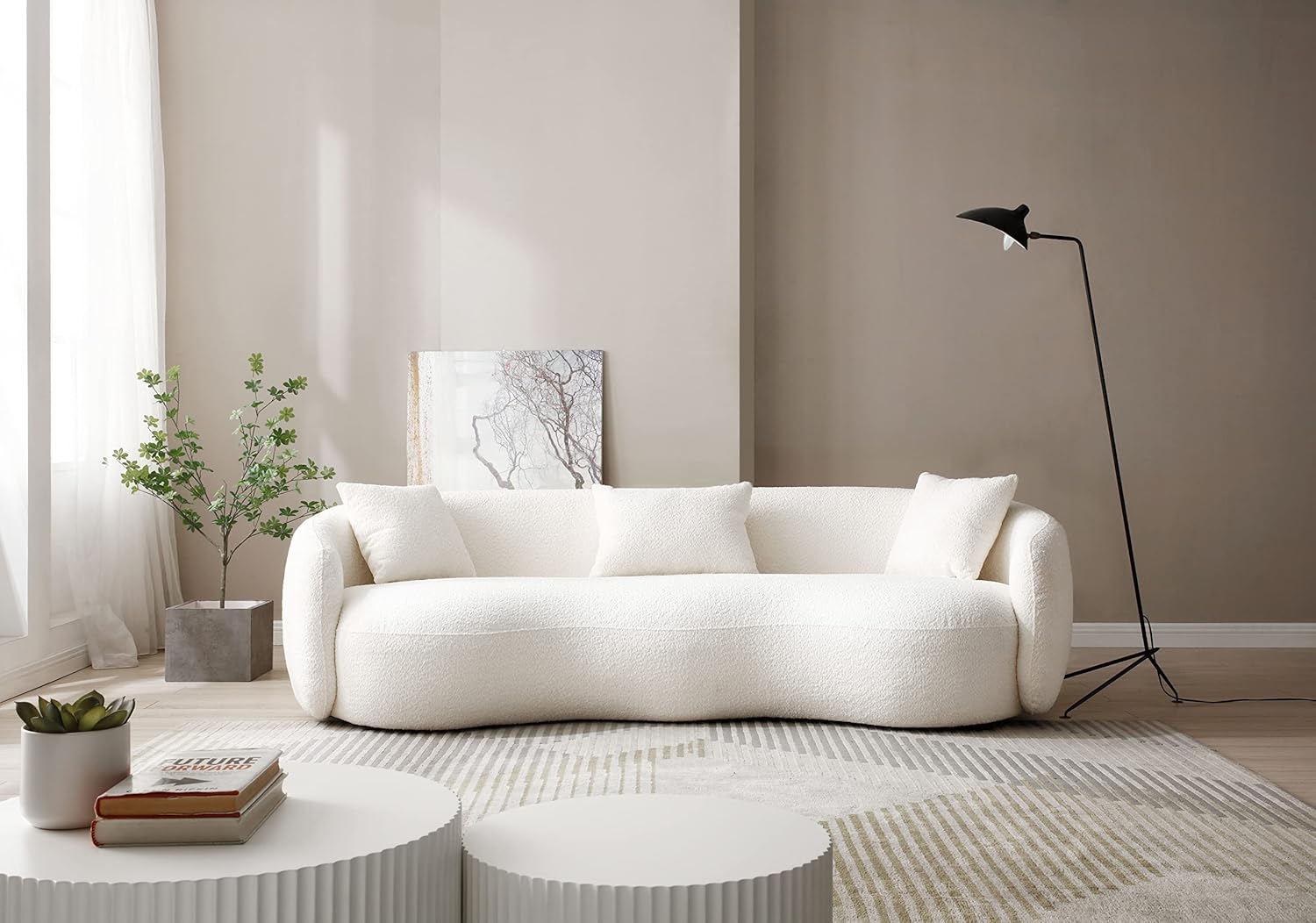 Unique Curved Sofa,Modern Boucle Upholstered Cloud Couch with 3 Throw Pillows, 4-Seat Teddy Fleece Leisure Sectional Sofa&Couch Lounge Chaise for Living Room, Office, Apartment, Beige 93.6"