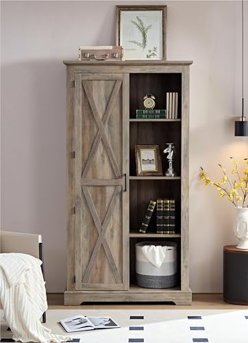 Farmhouse Wooden Tall Storage Cabinet Barn Door Pantry Kitchen Storage Furniture Home Drawer Rack with Doors and Open Shelves for Kitchen Living Room Bedroom (Gray Wash)