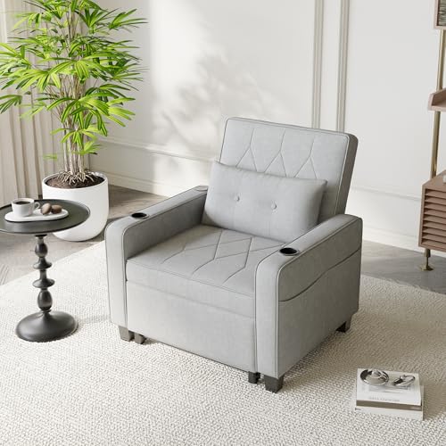 3-in-1 Convertible Sofa Chair Bed, Pull Out Leather Recliner Sleeper Sofa Chair Bed Couch with Cup Holders, USB & Type C Port,Side Pockets, Perfect for Living Room,Bedroom,Office (Black)