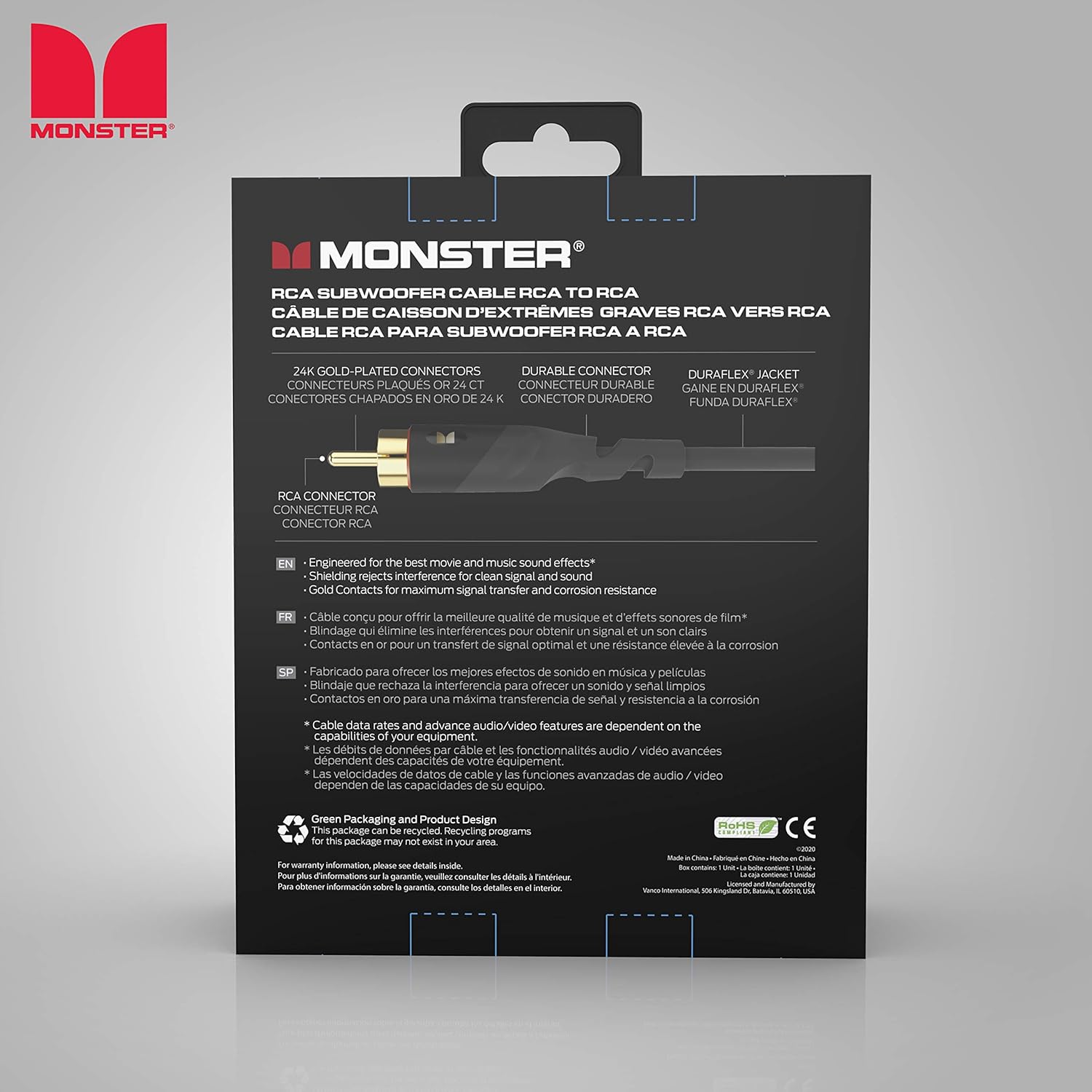 Monster Essentials Subwoofer Cable - Optimized RCA Cable for Reduced Sound Interference and Enhanced Sound Quality - 13 Feet Coaxial Audio Cable
