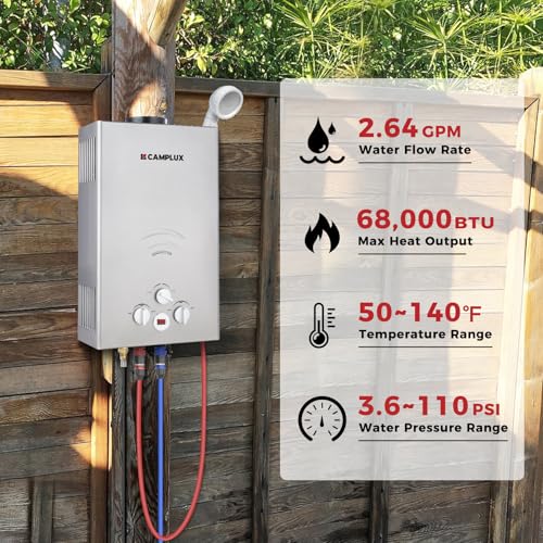 CAMPLUX 2.64 GPM Propane Portable Gas Water Heater, 68,000 BTU Outdoor Tankless Camping Water Heater with Digital Display, White