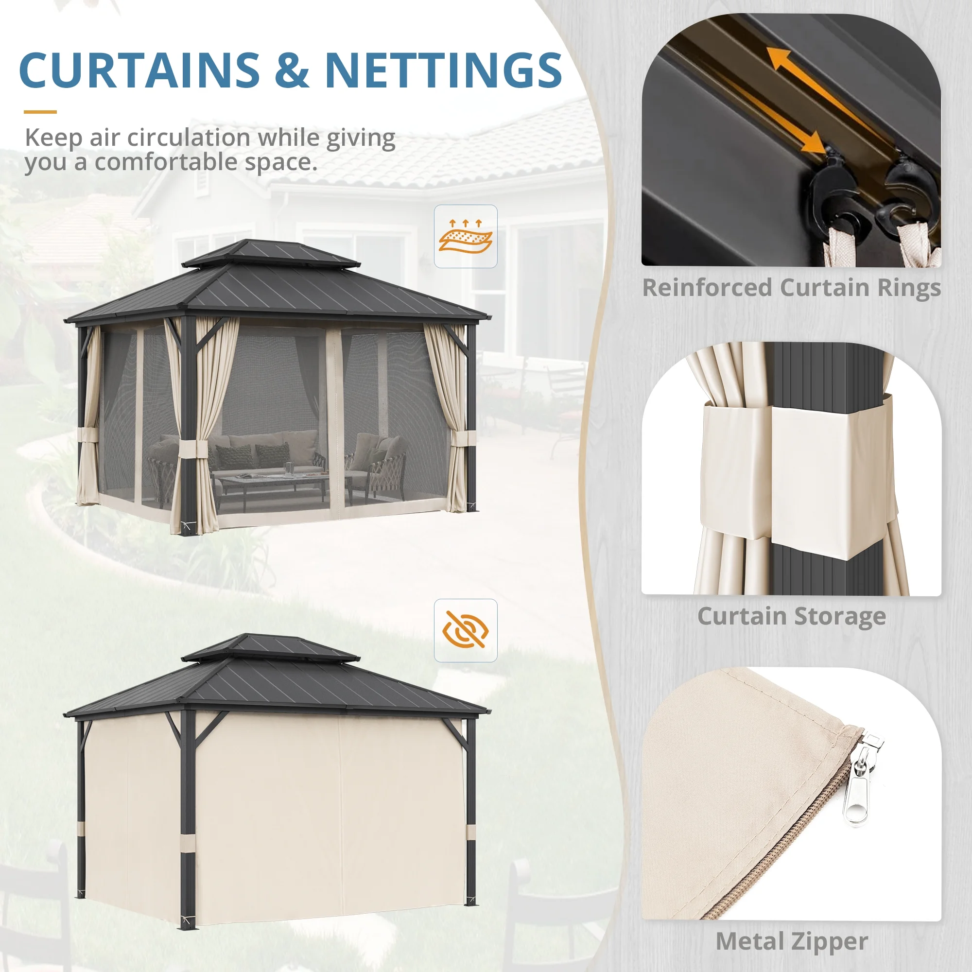 Dycanpo Hardtop Gazebo with Nettings Curtains, Galvanized Steel Double Roof Pergola,10'x12',Black - Curated Treasures Market