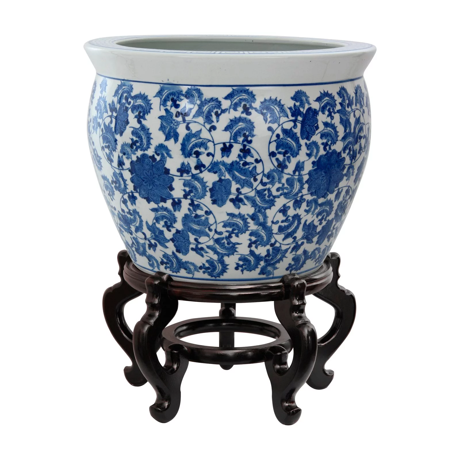 Oriental Furniture 14" Floral Blue & White Porcelain Fishbowl