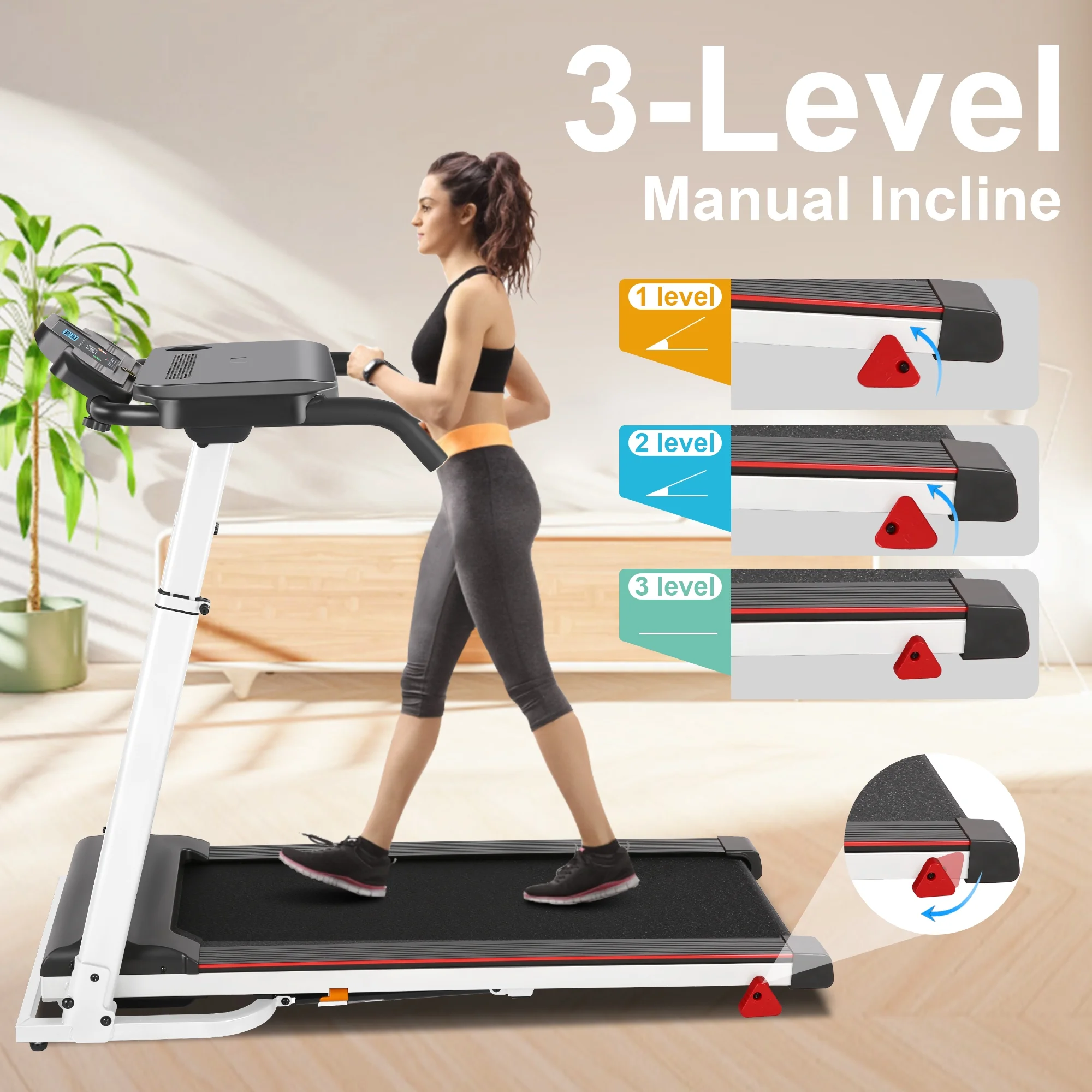 Tikmboex Folding Treadmill with Removable Tabletop and Incline, 2.5 HP Running Machine and 300Lbs Capacity for Home Office Use,White