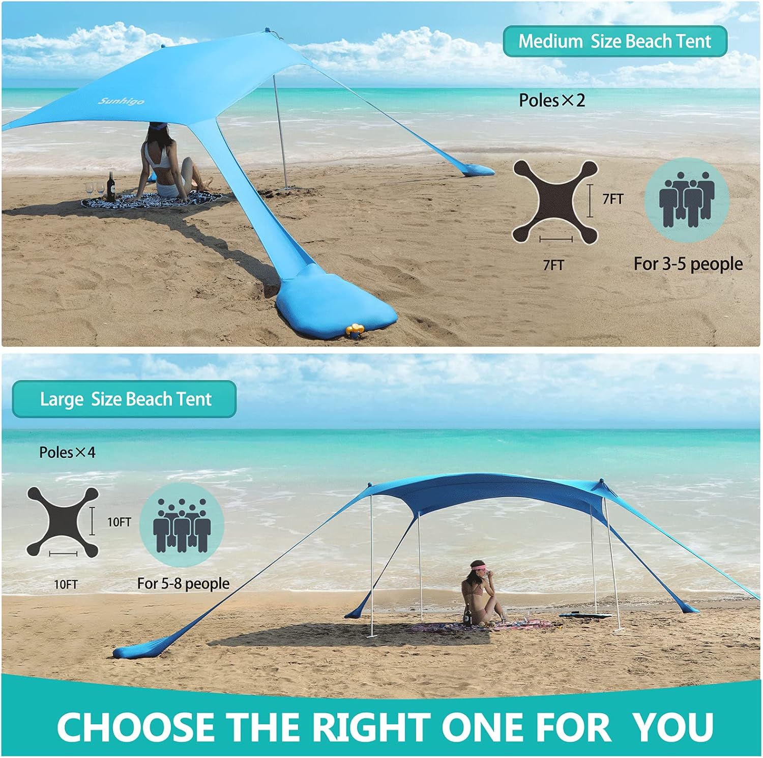 Sunhigo Beach Shade Canopy UPF50+ Family Beach Tent with 4 Aluminum Poles, Sand Shovel and Carry Bag, Portable Beach Sunshade Pop Up Sun Shelter for Beach,Fishing,Backyard and Picnics (10x10 Ft,Navy)