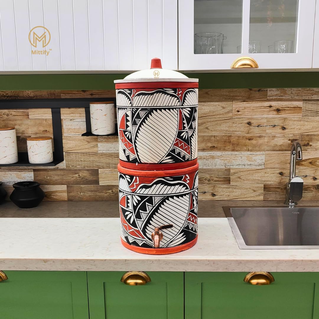 Earthen Clay Water Filter Dispenser with Metal Tap (Capacity - 20L), Natural Filtration, Handmade and Eco-Friendly, Say Goodbye to Plastic Bottles with Sustainable, Indian Harp Design FIlter