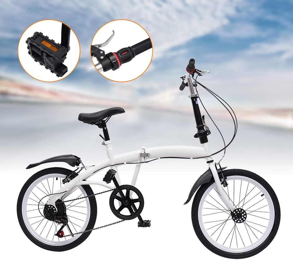 Folding Bike Foldable Bicycle with 7-Speed Shifter Adjustable Handlebar Height 20-Inch Wheels Men and Women City Bicycle with Double V-Brake for Leisure Riding &Commuting White
