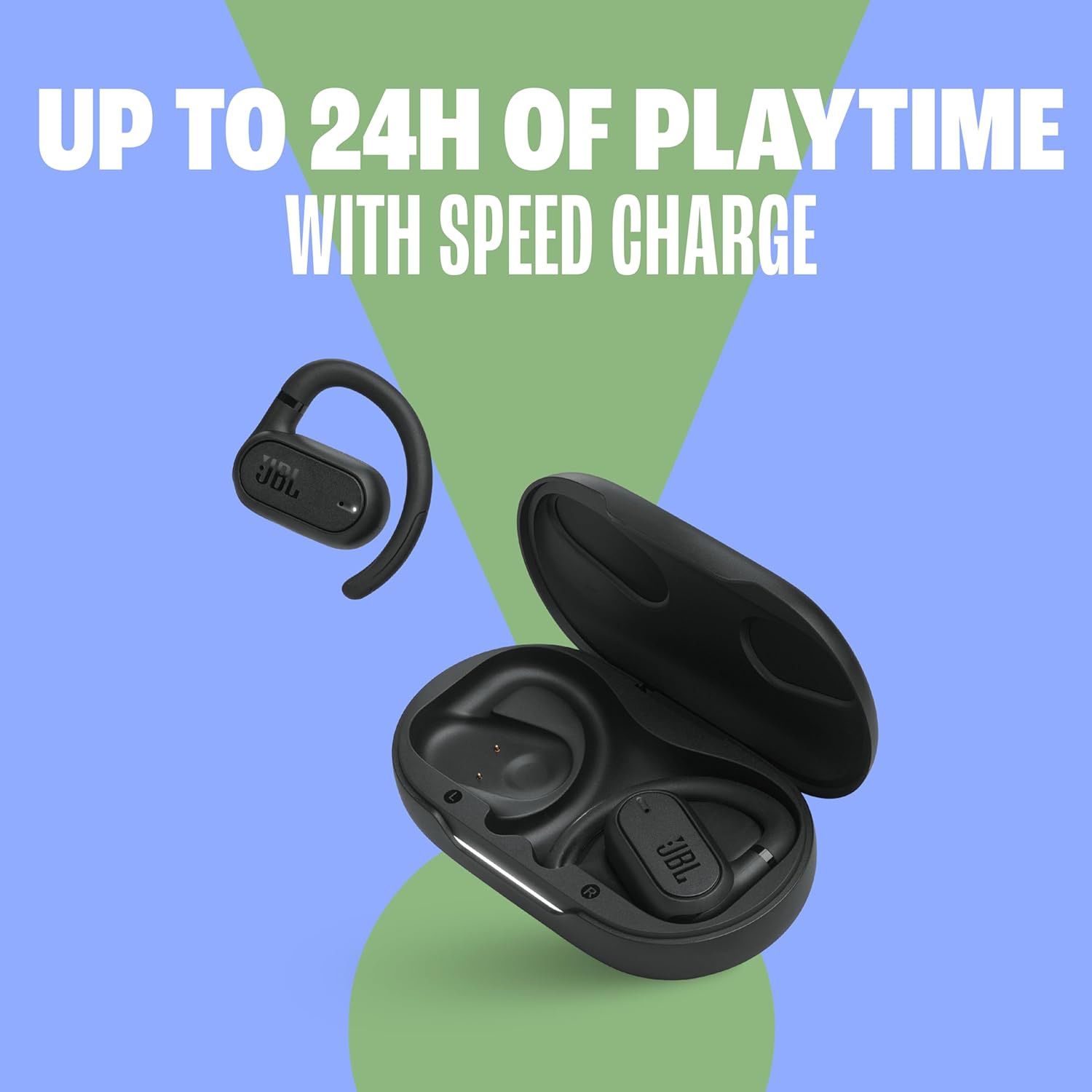 JBL SoundGear Sense - True wireless Open-ear headphones, OpenSound Technology, Splash and dust resistant, 4 mics for crisp, clear calls, Up to 24 hours of battery life, plus speed charge (Black)